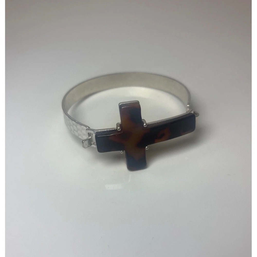 Simple Hand Crafted Large Cross Silver Tone Bracelet & Cuff Tortoise Shell VTG